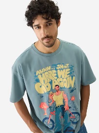 The Souled Store Originals Here We Go Again Men Oversized T Shirt Light Blue Colour L Size