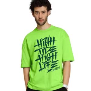 LEOTUDE Mens Typography Regular Round Green Tshirts L