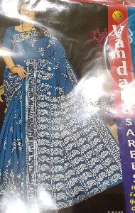 Private Label Womens Regular Use Printed Cotton Saree Blue And Whie Colour