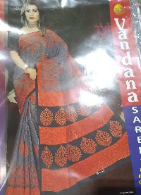 Private Label Womens Regular Use Printed Cotton Saree Orange And Grey Colour