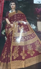 Private Label Womens Regular Use Printed Cotton Saree Maroon And Beige Colour