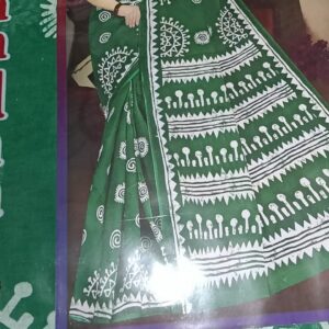 Private Label Womens Regular Use Printed Cotton Saree Green And White Colour