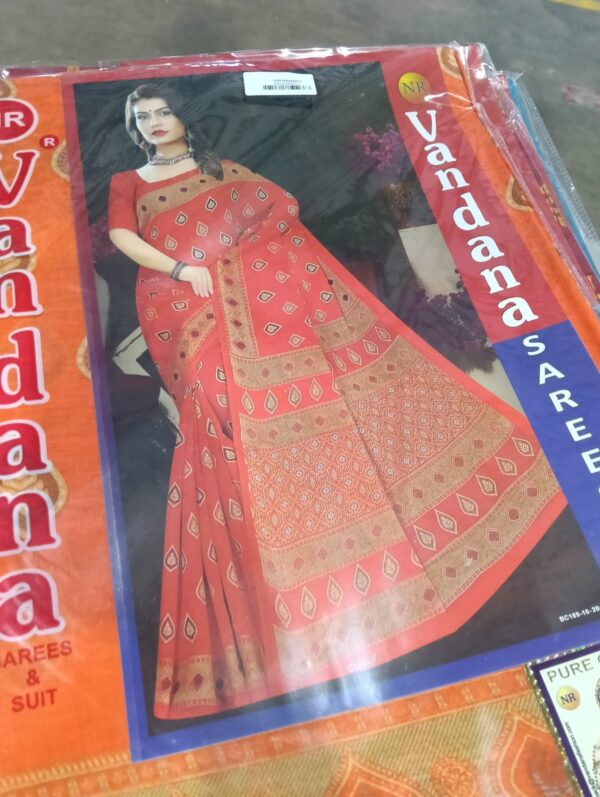 Private Label Womens Regular Use Printed Cotton Saree Orange Colour