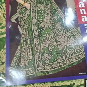 Private Label Womens Regular Use Printed Cotton Saree Green And Beige Colour