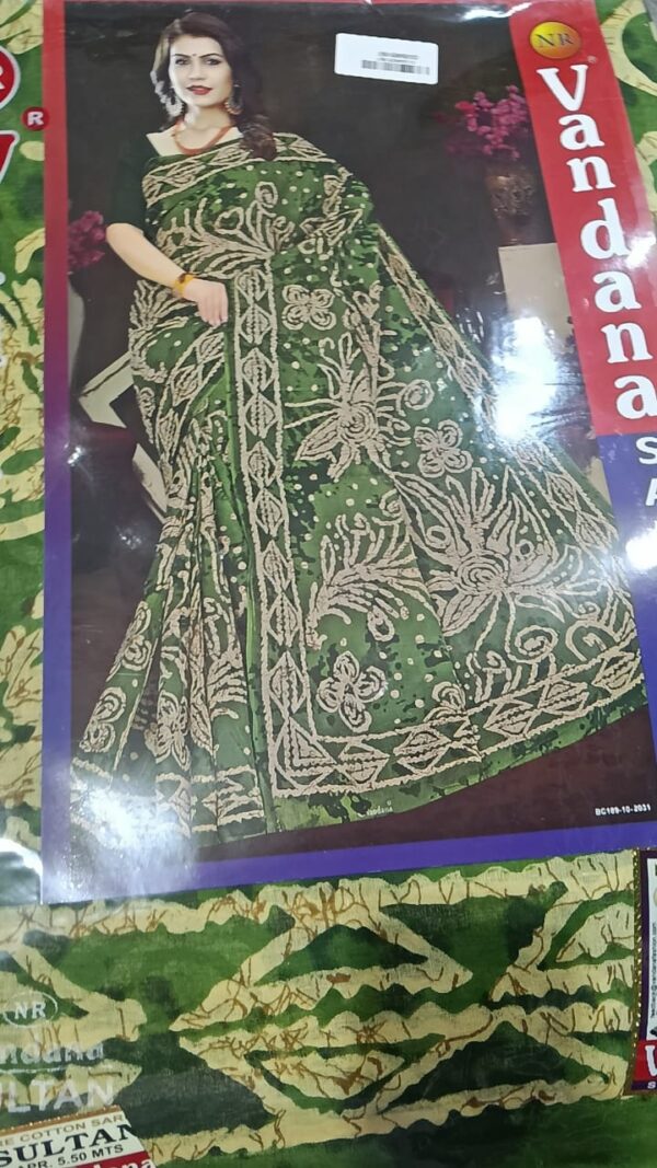 Private Label Womens Regular Use Printed Cotton Saree Green And Beige Colour