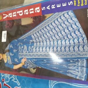 Private Label Womens Regular Use Printed Cotton Saree Blue And Whie Colour