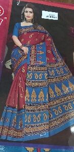 Private Label Womens Regular Use Printed Cotton Saree Sky Beige And Pink Colour