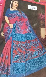 Private Label Womens Regular Use Printed Cotton Saree Pink And Sky