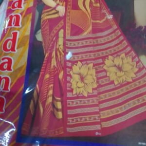 Private Label Womens Regular Use Printed Cotton Saree Multicolour Rani Colour