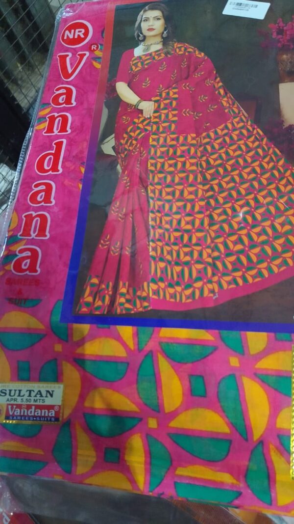 Private Label Womens Regular Use Printed Cotton Saree Multicolour Rani Colour
