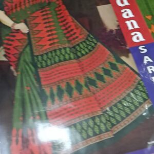Private Label Womens Regular Use Printed Cotton Saree Green And Beige Colour