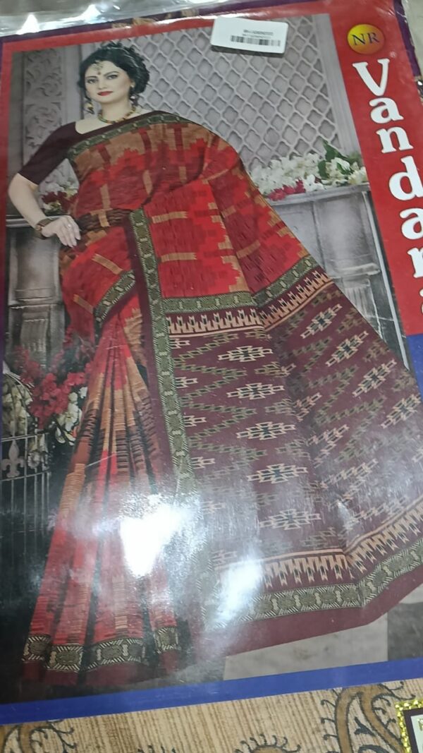 Private Label Womens Regular Use Printed Cotton Saree Red And Marron Colour