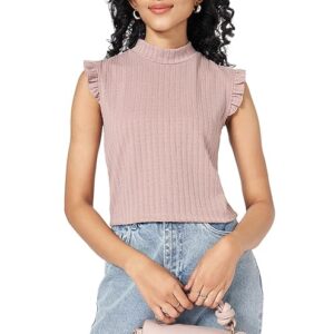 People Womens Solid Regular Fit Top Peach Colour L Size