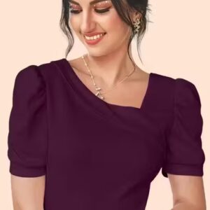Private Label Casual Polyester Blend Puff Sleeves Asymmrtrical Neck Purple Stylish Top Purple Colour L Size