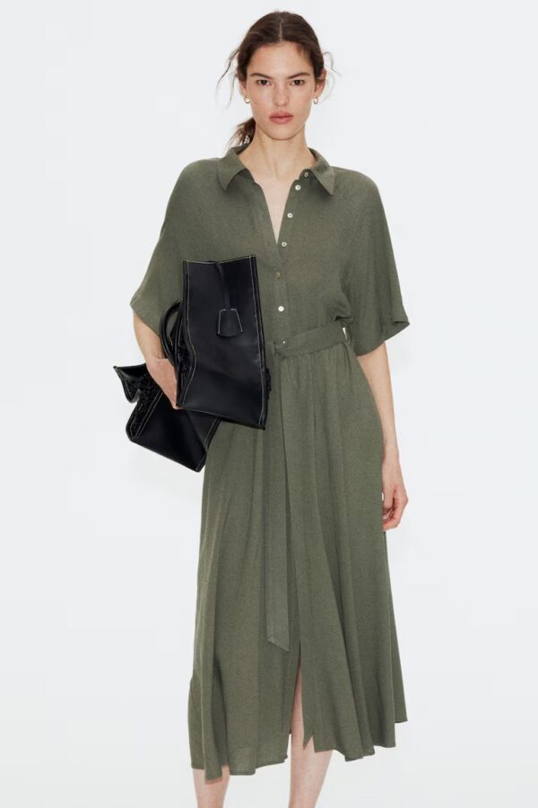 H And M Tie Belt Shirt Dress Green Colour Xs Size
