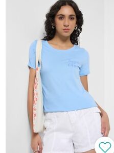 Pantaloons Light Blue Solid Casual Half Sleeves Round Neck Women Regular Fit Top XXL