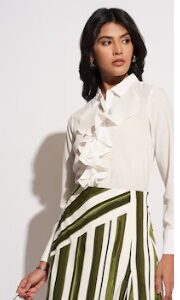 Pantaloons Off White Solid Formal Full Sleeves Shirt Collar Women Relaxed Fit Top L