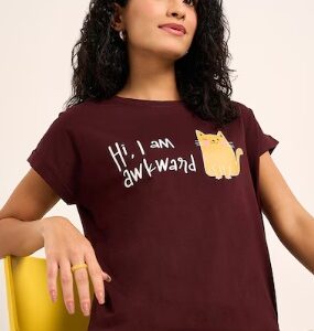 Pantaloons Brown Printed Casual Half Sleeves Round Neck Women Boxy T Shirt XL