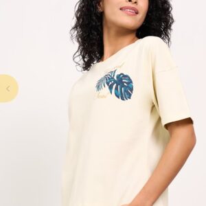 Pantaloons Cream Printed Cotton Round Neck Women Relaxed Fit Top L