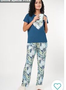 Pantaloons Teal Printed Cotton Round Neck Women Relaxed Fit Night Suit XL
