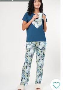 Pantaloons Teal Printed Cotton Round Neck Women Relaxed Fit Night Suit S