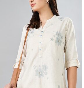 Pantaloons Cream Embroidery Cotton Mandarin Collar Women Regular Fit Tunic XL