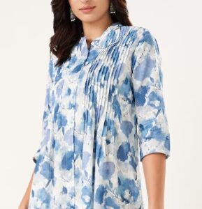 Pantaloons Medium Blue Printed Cotton Mandarin Collar Women Regular Fit Tunic XL