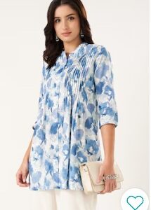 Pantaloons Medium Blue Printed Cotton Mandarin Collar Women Regular Fit Tunic XXL