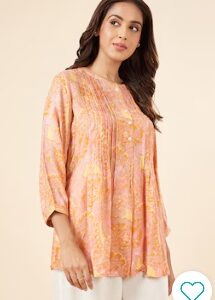 Pantaloons Peach Printed Rayon Mandarin Collar Women Regular Fit Tunic XL