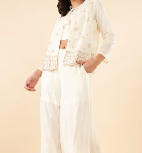 Pantaloons Cream Embroidered Shirt Collar Women Regular Fit Co ord Set XL