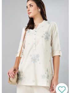 Pantaloons Cream Embroidery Cotton Mandarin Collar Women Regular Fit Tunic XXL