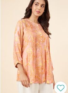 Pantaloons Peach Printed Rayon Mandarin Collar Women Regular Fit Tunic M