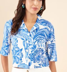 Pantaloons Medium Blue Printed Casual Flared Sleeves Shirt Collar Women Regular Fit Tops XL