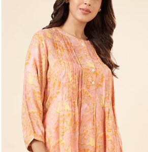 Pantaloons Peach Printed Rayon Mandarin Collar Women Regular Fit Tunic M