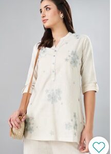 Pantaloons Cream Embroidery Cotton Mandarin Collar Women Regular Fit Tunic M