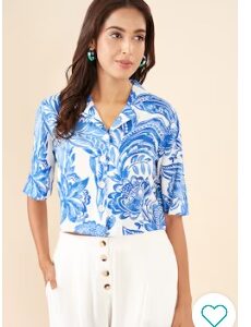 Pantaloons Medium Blue Printed Casual Flared Sleeves Shirt Collar Women Regular Fit Tops M