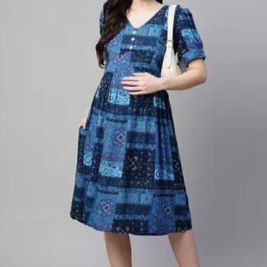 MOMTOBE Printed V Neck Dress with Feeding Zipper size M colour blue