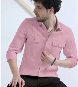 Private Label trendy double pocket shirt for men pink colour size M
