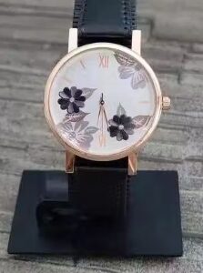 Private Label jolly Best Quality Festive Season Flower Designer Round Dial Attractive Leather Belt Women Watch black colour