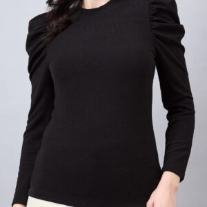 Style Quotient Women Black Texture Polyester Slim Fit smart casual Puff Full Sleeve Top black size L