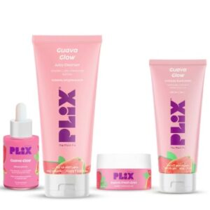 PLIX Guava Glow Regime with Cleanser 100ml 10 percent Vitamin C Serum 20ml Under Eye Gel 15g and Sunscreen 50g pack of 4