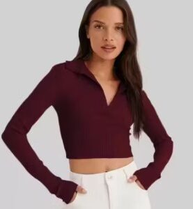 Private Label Women Sleveeless Polo Collar Ribbed Full Sleeve Solid Cotton Crop Tops and Tunics Colour mroon Size l Colour brown