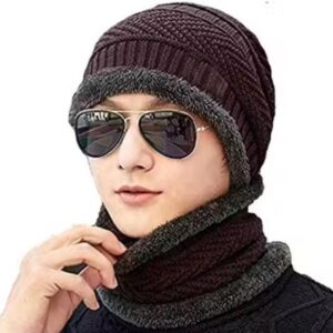 Private Label winter woolen cap with neck scarf for men and women Colour maroon