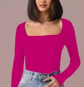 Private Label Square Neck Long Sleeves Rani Pink Top xs