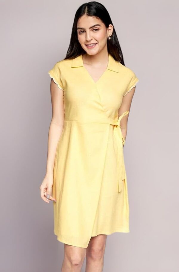 And Brand Solid Linen Collar Neck Womens Straight Dress Yellow Size 16