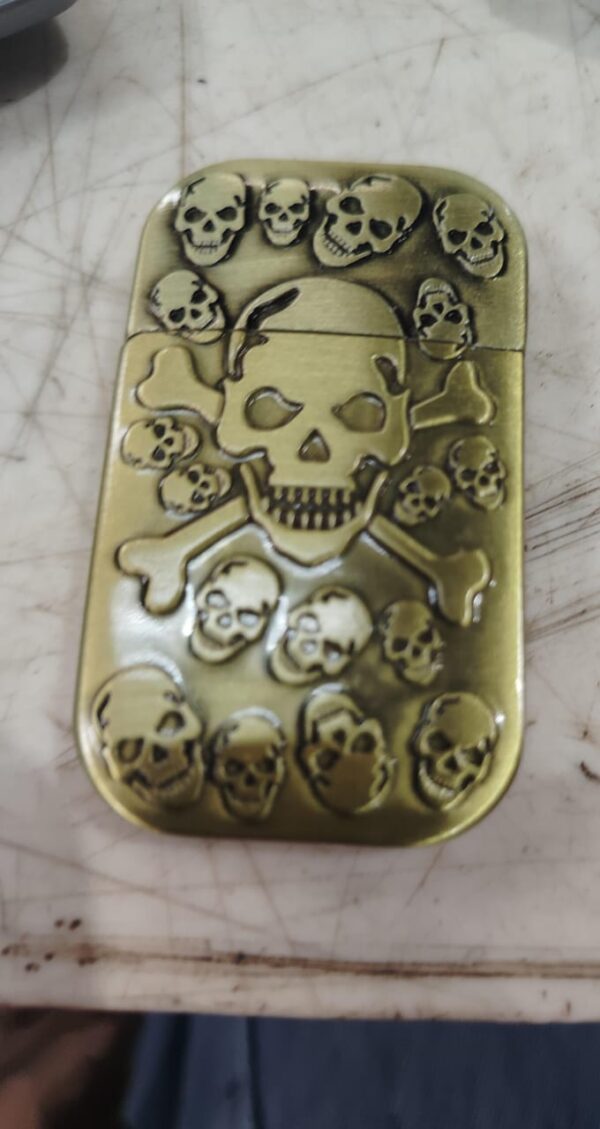 Skull Print Windproof Refillable Cigarette Pocket Lighter With Metal Finish Gold
