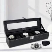 Watch Box Organizer Holder Case With 6 Slots Of Watches In Transparent Display With Black Color