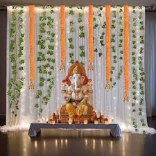 Ganesh Chaturthi Decoration Kit 2 Piece Curtain 5 Flower Ladi 2Pcs Leaves Ladi 1 String Light