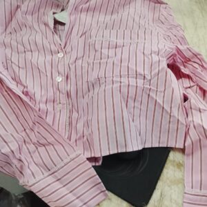Women Striped Regular Fit Pink Shirt With Spread Collar