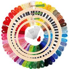 Wooden Embroidery Ring Hoop Set Of 3 With Multicolor Thread